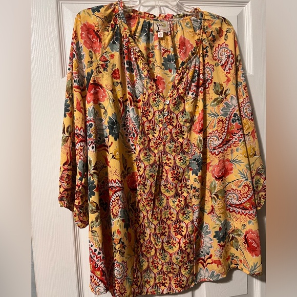 fig and flower Tops - fig and flower Yellow Floral Boho Blouse with Red and Green Accents